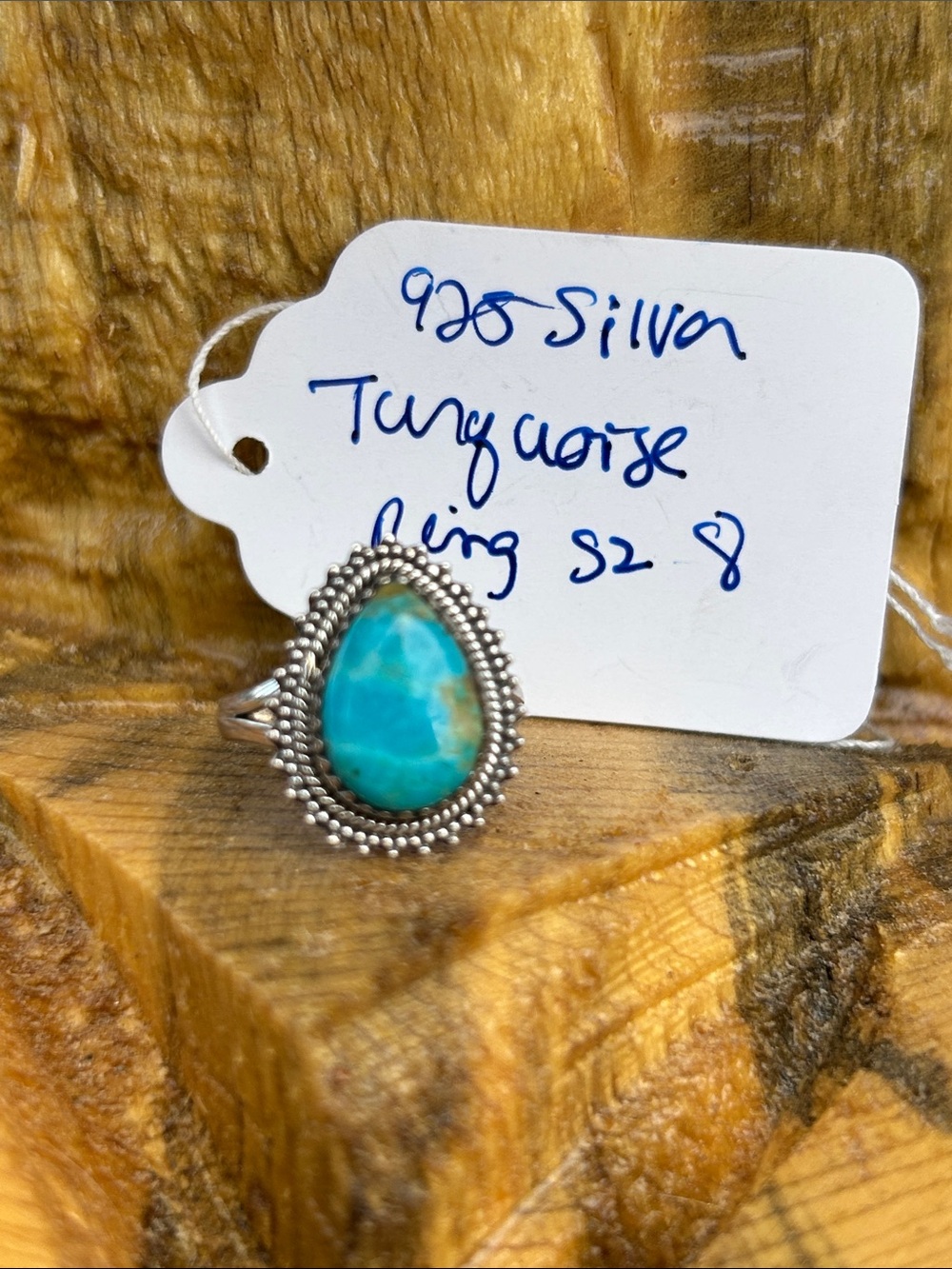 Artisan Turquoise Teardrop Ring with Silver Beaded Halo